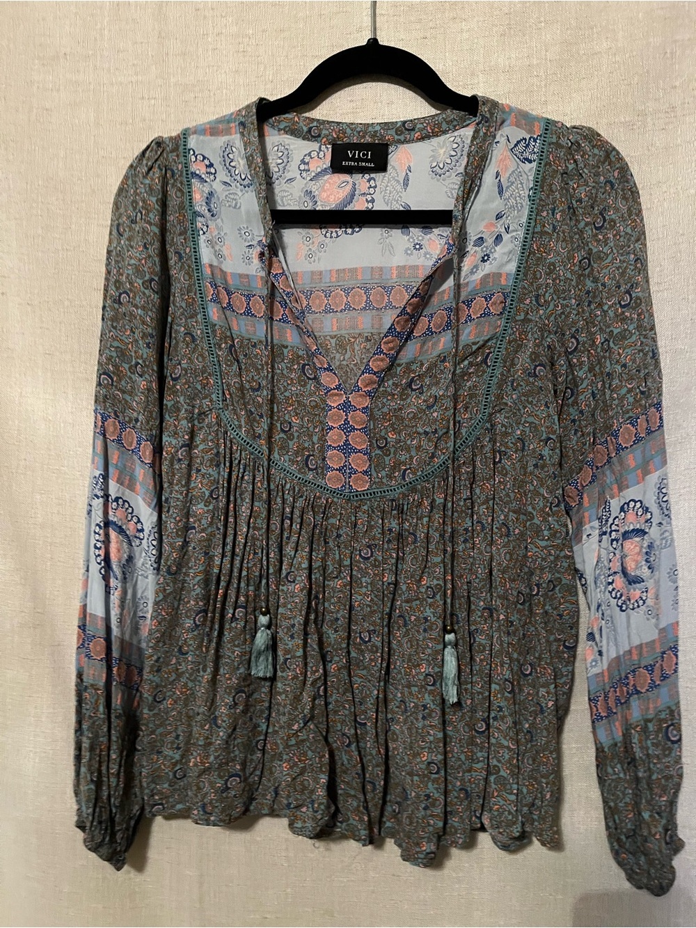 VICI Sage Green Boho Floral Peasant Blouse with Pink & Blue Accents